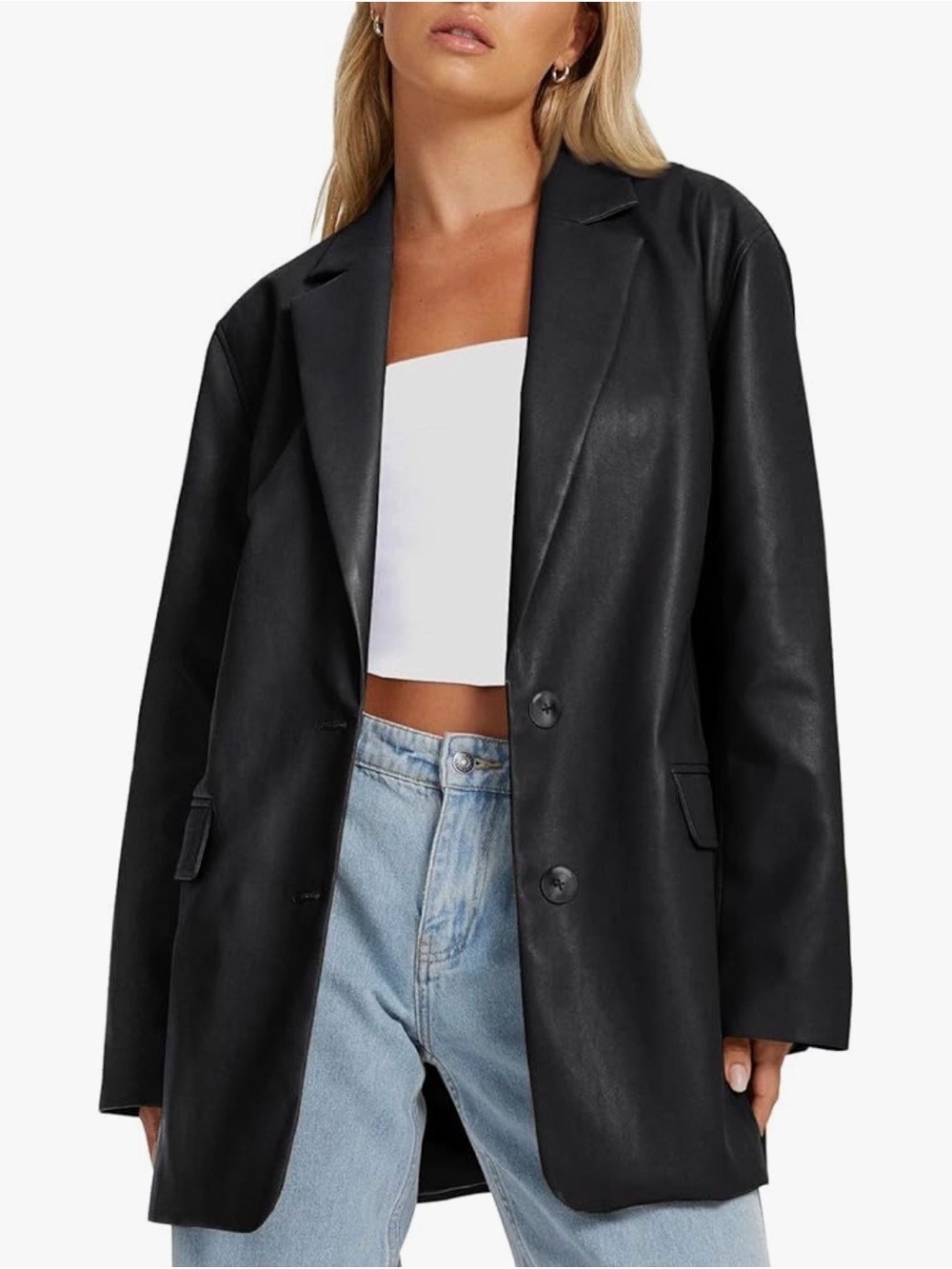 Black Faux Leather Blazer Jacket - Women